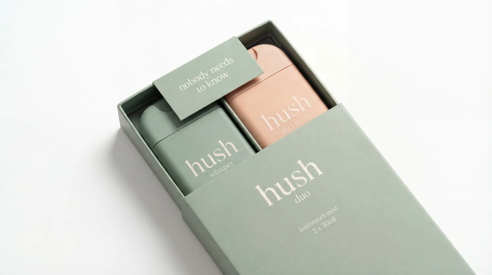 Hush Duo gift box — two scents with 'nobody needs to know' card